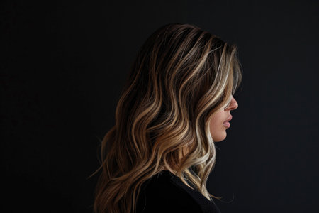 Stunning Woman With Balayage Hair In Contrast To Black Backgroundの素材