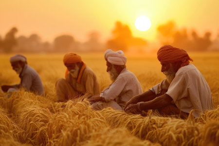 Traditional Indian Farmers Planting Wheat Seeds At Sunriseの素材