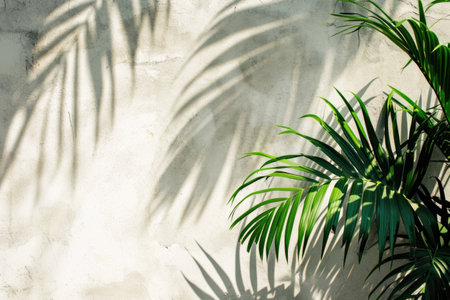 Tropical Leaf Casts Shadow On Cream White Concrete Wallの素材