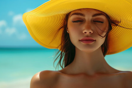 Stylish Summer Look: Woman Rocking A Yellow Hat At The Beachの素材
