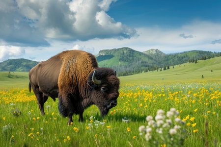 Happy Bison Grazing In Meadow, Wide Angleの素材