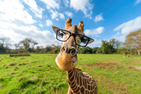 Playful Giraffe In Spectacles Enjoys Lush Meadow, Captured In Expansive Perspective. Ð¡oncept Wildlife Photography, Animal Portraits, Nature Exploration, Perspective Shots, Giraffe In Spectaclesの素材