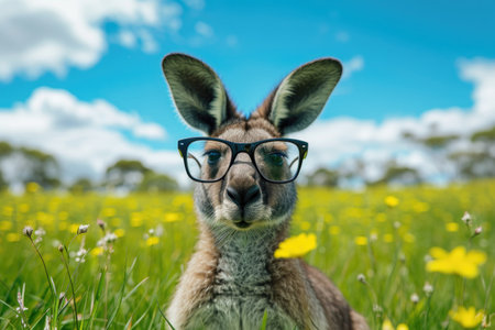 Joyful Kangaroo Wearing Glasses Enjoys A Bountiful Meal In A Spacious Meadowの素材