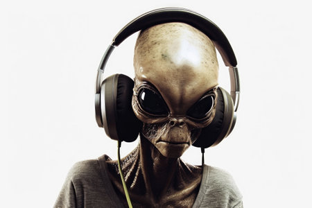 Alien In Headphones On White Backgroundの素材
