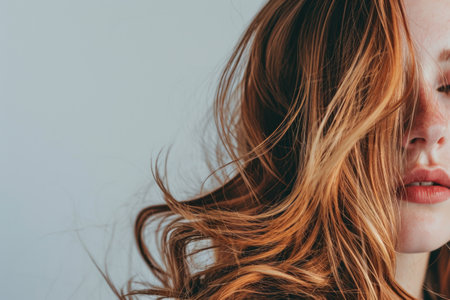 Woman With Balayage Hair Looking Serene On White Backdropの素材