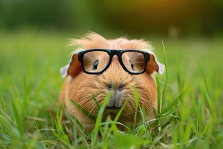 Happy Guinea Pig With Glasses Grazing In Meadow, Wide Angleの素材