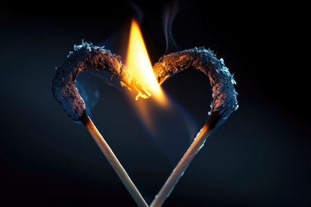 Two Matches Burning In The Shape Of Heart On Black Backgroundの素材
