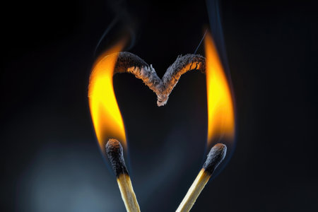 Romantic Symbol: Two Matches Creating A Heart Shape Against A Black Backgroundの素材
