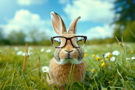 Delighted Bunny Wearing Spectacles Joyfully Feeds In A Vast Meadowの素材
