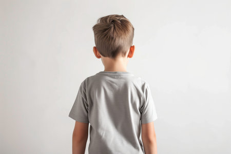 Little Boy In Gray Tshirt On White Background, Back View, Mock Upの素材