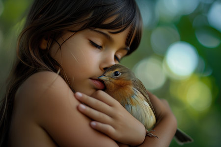 Young Girl Cradles Delicate Bird, Embodying Compassion For Wildlifeの素材