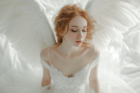 Girl Model In White Dress With Angel Wings On White Background Wide Shooting Angleの素材