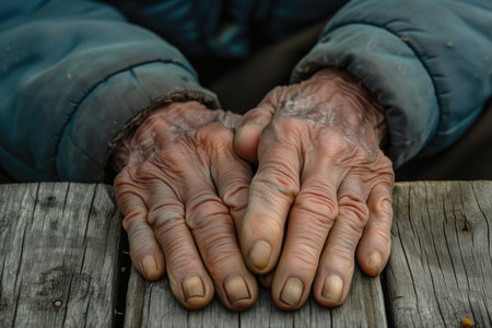 Vintage Style: Poignant Portrait Of An Elderly Man's Weathered Hands On A Wooden Surfaceの素材