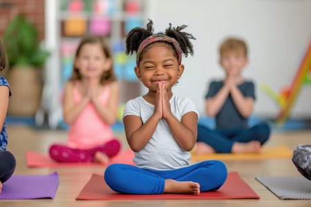 Enthusiastic Children Embrace Yoga At Daycare Centerの素材