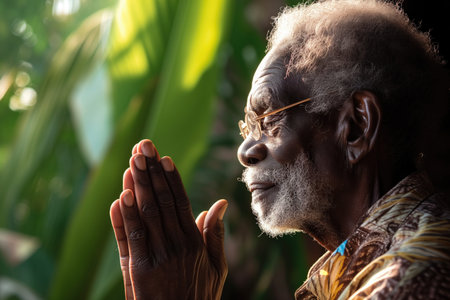 Caribbean Man Seeking Strength And Guidance From Above Through Prayerの素材