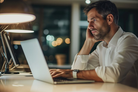 Focused Businessman Engrossed In Work, Diligently Working On Laptop In Officeの素材