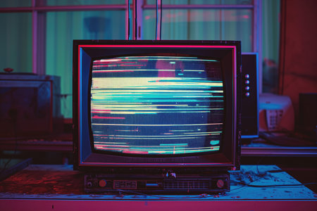 Distorted Television Screen With Glitchy Stripes, Creating No Signal Effectの素材