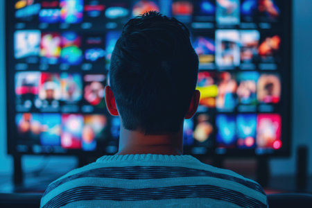 Person Watching Tv With Remote Control Surrounded By Tv Channels In Backgroundの素材