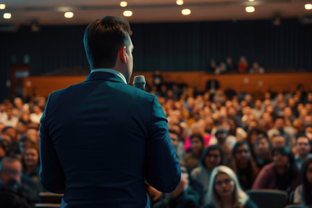 Inspiring Perspective Of Motivational Speaker Impresses And Engages Audience With Powerful Wordsの素材