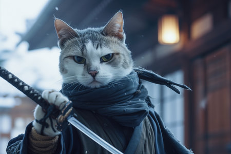 Ninja Cat Striking Action Pose Against Cool Backdropの素材