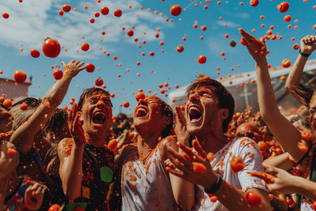 People Joyfully Throw Tomatoes At La Tomatina Festivalの素材