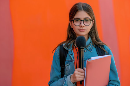 Young Reporter With Microphone And Notebook Ready For Broadcasting News Storiesの素材