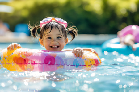 Joyful Toddler Girl Enjoys Sunny Pool Day With Inflatable Toysの素材