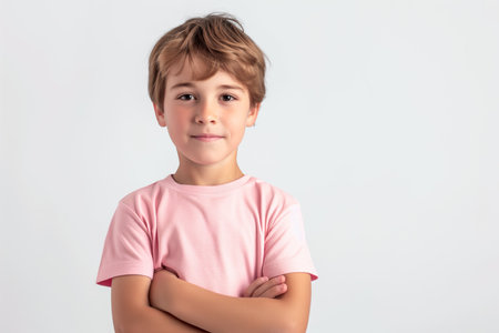 Little Boy In Pink Tshirt On White Background, Mockupの素材