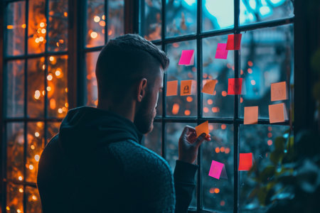 Man Using Sticky Notes To Jot Down Reminders On Windowの素材