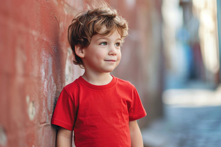 Mockup Of A Little Boy Wearing A Red T-Shirt On The Streetの素材