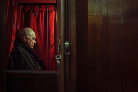 Engaged Priest Hearing A Person's Confession In A Confessional Booth.の素材