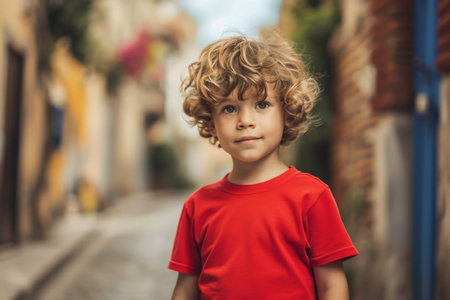 Little Boy In Red Tshirt On The Street, Mockupの素材
