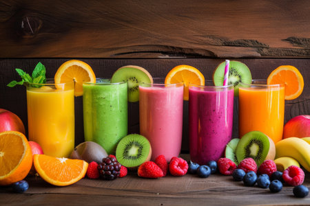 Colorful Variety Of Fresh, Juicy Fruit Smoothiesの素材