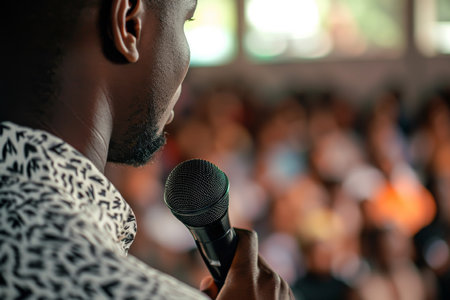 African American Man Holds Microphone, Ready To Speak At Public Event.の素材