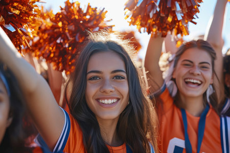 Enthusiastic Cheerleader And Teammates Providing Support To A Player In A Stadium.の素材