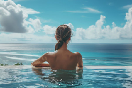 Captivating Young Woman Enjoying Poolside Bliss With Ocean Viewの素材