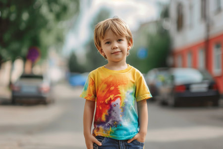 Little Boy In Colorful Tshirt On The Street, Mockupの素材
