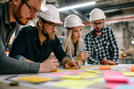 Helmet-Wearing Specialist Builders Utilizing Sticky Notes For Collaborative Idea Sharing And Brainstormingの素材
