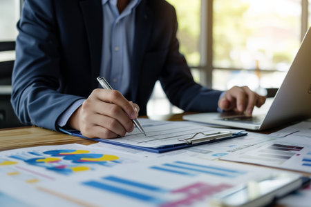 Asian Businessman Discussing Startup Project And Financial Data While Holding Note Paperの素材