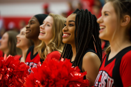 Cheerleaders Uplift Team Spirits And Captivate Fans With Energetic Support. Concept Team Spirit, Energetic Support, Cheerleading, Captivating Fans, Uplift.の素材