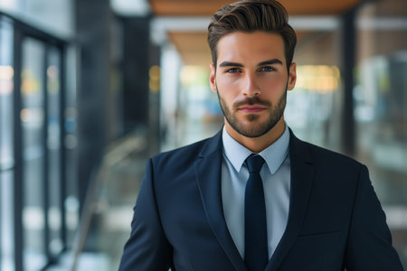 Determined Young Businessman Engages Camera With Unwavering Eye Contact.の素材