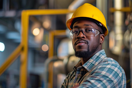 Skilled African American Mechanical Engineer Exudes Confidence And Proficiency In Engaging Camera Presence.の素材