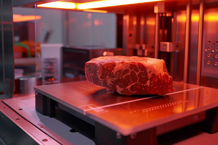 Cuttingedge 3D Printer Creating Mouthwatering Meat In Sleek Laboratory Setting.の素材
