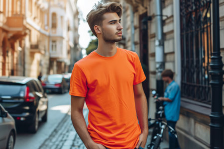 Mockup Of A Man Wearing An Orange T-Shirt On The Streetの素材