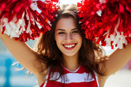 Energetic Cheerleader Exudes Infectious Enthusiasm With Red And White Pompoms.の素材