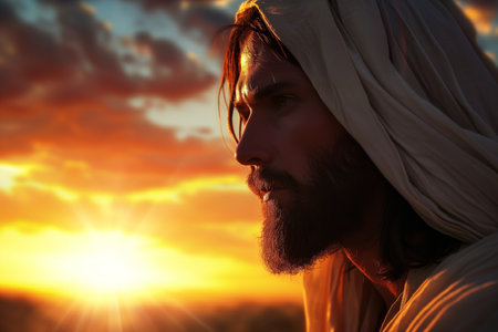 Jesus Christ Portrayed In White Robe During Breathtaking Sunset.の素材