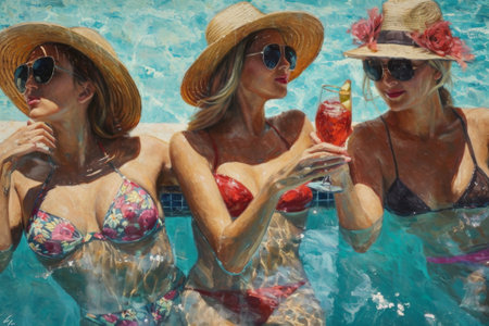 Stylish Women In Bikinis And Hats Unwind By The Poolside, Savoring Their Vacationの素材