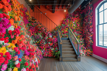 Vibrant Flower Wall And Staircase Create Inviting Setting In Studio.の素材