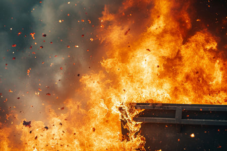 Intensifying Dumpster Fire On White Background Creates Chaotic Scene. Concept Sunset Over The Lake, Urban Exploration, Hiking Adventures, Pet Portraits, Candid Street Photography.の素材