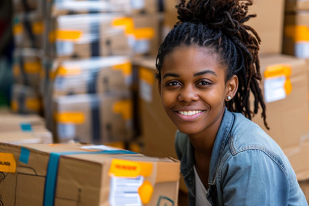 Grinning Black Volunteer Connects With Viewers While Holding Full Donation Box.の素材